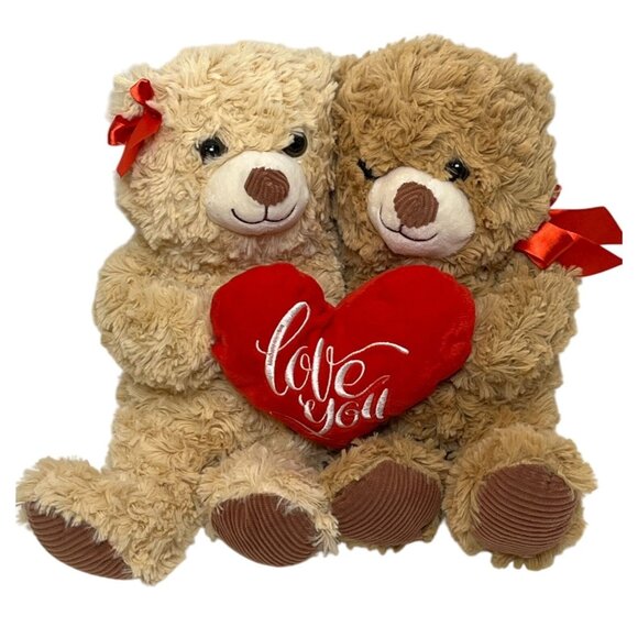 Valentine Teddy Bears Holding Heart Love You Couple Plush 12 Inch Stuffed Animal - Picture 1 of 13